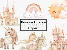 princess unicorn clipart set with castle, rainbow and clouds