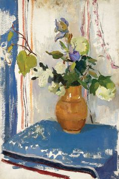 a painting of white and blue flowers in a vase on a table with an open book