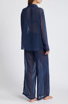 Drift off in the alluring look of these menswear-inspired pajamas cut from sheer chiffon that turns the style on its head. Top has front button closure; spread collar; long sleeves Pants have elastic waist 100% polyester Machine wash, tumble dry Imported Sheer Chiffon, Menswear Inspired, Elastic Waist, Pajamas, Chiffon, Nordstrom, Long Sleeves, Turn Ons, Elastic