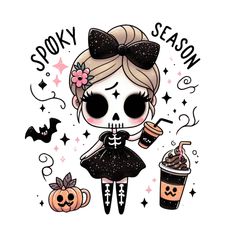 a skeleton girl holding a cup of coffee next to some pumpkins and witches with the words spooky season on it