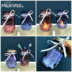 four pictures of mason jars with toothbrushes and toothpaste in them, tied together