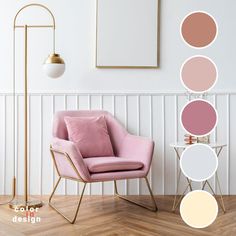 a pink chair sitting in front of a white wall next to a table with a lamp