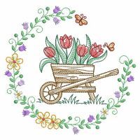 a wheelbarrow with tulips and flowers in the center on a white background