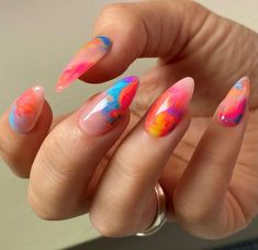 Tie Dye Nail Ideas, Blooming Gel Nail Art Tie Dye, Cute Summer Nails Oval, Funky Nail Art Trendy Summer, Trendy Vacation Nails, Fall Acrylic, Neon Nail Designs, Marble Nail Designs