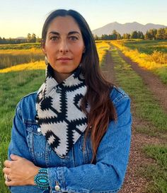 This handmade women's wool cowl makes the perfect western accessory for equestrians and outdoorsy women who love southwestern style and are looking for an alternative to a traditional scarf or wild rag, without the bulk.  Blending fashion & function, the eye-catching aztec pattern is sure to turn heads while the unique bandana design & double-face construction creates soft layers on both sides & make this an incredibly warm ranch scarf that stays in place, looks symmetrical and doesn't itch.  Wh Rodeo Outfits With Scarf, Cowgirl Neck Scarf, Western Scarf Cowgirl, Face Construction, Western Neck Scarf, Outdoorsy Women, Outdoorsy Outfits, Western Scarf, Aztec Fabric