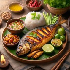 there is a fish on a plate with rice and limes next to other foods