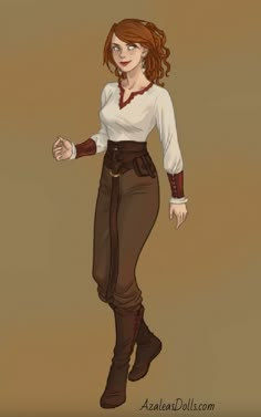 a drawing of a woman in brown pants and white shirt with her hand on her hip