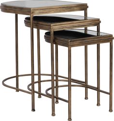 3 piece nesting table set in antique gold finish with black leather seat cushions and metal legs