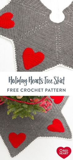 a crocheted christmas tree skirt with hearts on it and the words holiday hearts free pattern