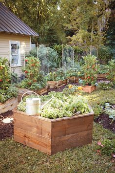 a garden filled with lots of different types of flowers and plants in wooden boxes next to a house