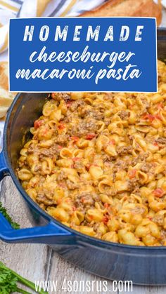 homemade cheeseburger macaroni and cheese pasta in a blue skillet on a wooden table