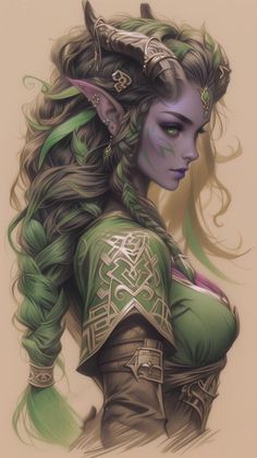 a drawing of a woman with long hair and green makeup, wearing an elf costume