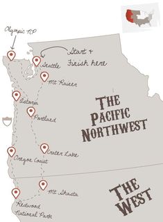 the pacific northwest map with locations marked in red and white, including several small towns