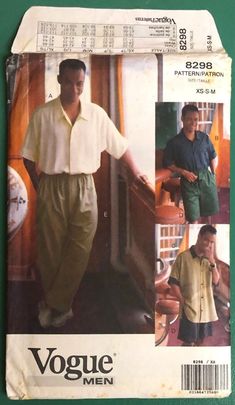 Vintage 90's, men's casual shirt, shorts and pants, to sew. This pattern has a cool, mid-century vibe. From the sewing pattern envelope: "Very loose-fitting shirt has self or contrast collar and sleeve bands, forward shoulder seams, side hemline slits and above elbow sleeves. Narrow hem. A, B: concealed button opening. B, C: pockets. Shorts, above mid-knee or straight legged pants have partially elastic waist, button fly closing, side and back pockets and stitched hems." Pattern: Vogue Men 8298 1990s Fashion 90s Style Men, 80s Male Fashion, 90s Male Fashion, 1990s Vogue, 1999 Fashion, Button Fly Pants, Vintage Vogue Sewing Patterns, 90s Fashion Men, Mens 90s