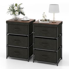 two nightstands with drawers are shown side by side, one is black and the other is brown