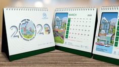 two calendars with images of buildings on them