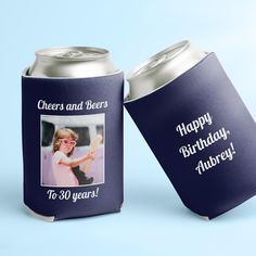 two can coolers with the words happy birthday to 30 years and an image of a woman