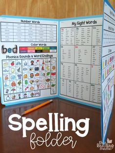 an open book with words and pictures on it that are spelling folders for students