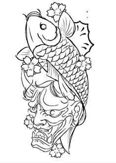 a drawing of a koi fish with flowers on it's head and leaves around its neck