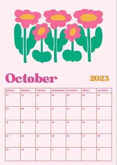 a calendar with pink flowers and green leaves