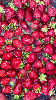 fresh strawberries are being washed in the water and placed on top of each other