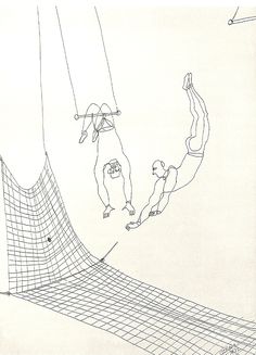 two people are diving in the water from a high wire net while another person watches