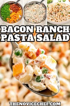 bacon ranch pasta salad on a spoon with the title above it