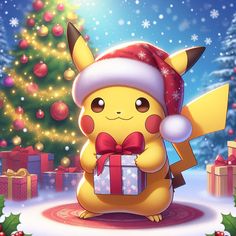 a pikachu with a christmas hat holding a gift in front of a christmas tree