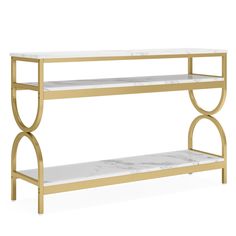 a gold and white marble shelf with two shelves