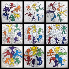 six different colored children's drawings are shown in four separate squares, each with their own child's silhouettes