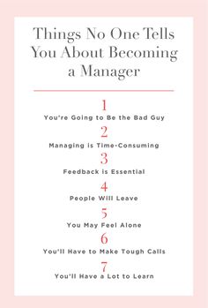 a pink and white poster with the words things no one tells you about becoming a manager