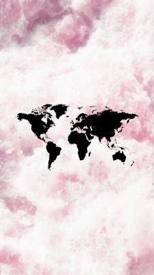 a black and white world map is in the middle of some pink clouds with water droplets