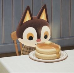 a cartoon character sitting at a table with a stack of pancakes