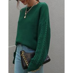 Green Crew Neck Chunky Wide Knit Sweater Trendy Knitted Cropped Sweater For Fall, Chic Knit Sweater With Ribbed Cuffs, Oversized Solid Cable Knit Sweater, Trendy Chunky Knit Cropped Sweater, Trendy Cable Knit Sweater For Fall, Oversized Winter Knit Top With Ribbed Cuffs, Casual Chunky Knit Cropped Sweater For Fall, Trendy Chunky Cropped Sweater, Oversized Cable Knit Cropped Sweater