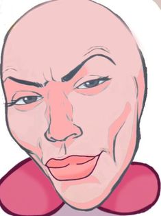 a drawing of a person with a bald head and pink collared shirt, looking at the camera