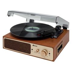 an old fashioned record player with its turntable on it's wooden stand, isolated against a white background