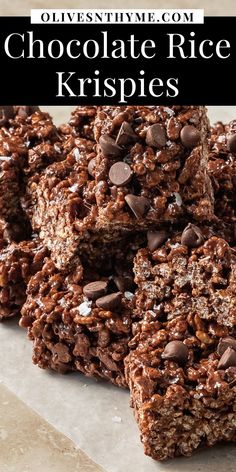 chocolate rice krispies stacked on top of each other with the title overlaying