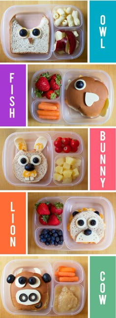 four different pictures of food in plastic containers with the words bunny written on each side