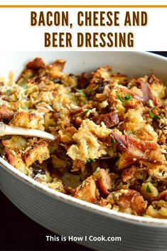 bacon, cheese and beer dressing in a white bowl with a spoon on the side