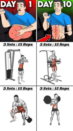 a man doing exercises for his back with the text, day 1 and 3 sets of arms