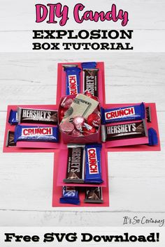 the diy candy explosion box is shown with text overlaying it and an image of