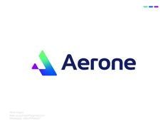 the aerone logo is shown in blue and green colors on a white background