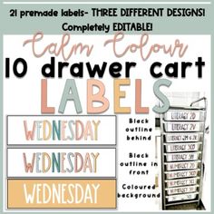 Organize your teacher drawers with these Neutral Calm Colour themed 10 Drawer Cart Labels. These neutral calm colour themed labels have beendesigned to fit any 10 Drawer Cart.  Most of these carts are the same dimensions. For those of you in Canada, I purchased mine from Michaels, however you can also get them Amazon or Walmart. What's included:3 designs- Made to measure, editable labels for your 10-drawer cart in a PowerPoint file. Type in your text in the text box provided. Fonts are embedded. 10 Drawer Cart Labels, Drawer Cart Labels, Classroom Decor Calming, Colour Decor, Drawer Cart, Classroom Rules Poster, Drawer Labels, Teacher Toolbox, Editable Labels