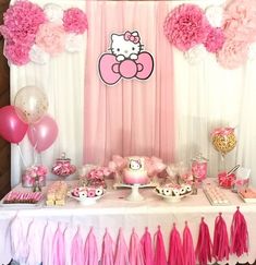 a hello kitty themed birthday party with pink and white decorations