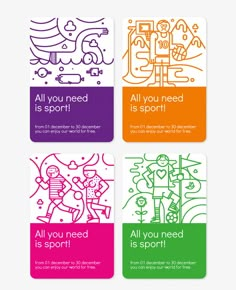 four cards with different designs on them and the words, all you need is sport