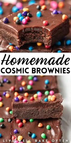 homemade brownies with chocolate frosting and colorful sprinkles on the top