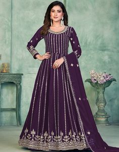 Elegance meets grace with the Purple Taupe Faux Georgette Pant Anarkali! ✨ Embrace timeless style and make a statement at any event. #ArabicAttire #Anarkali #PantStyle #GracefulElegance #FashionStatement 🌟 Silk Anarkali Suits, Blue Anarkali, Designer Anarkali Dresses, Long Anarkali, Silk Anarkali, Designer Anarkali Suits, Gown Suit, Party Wear Gown, Designer Anarkali