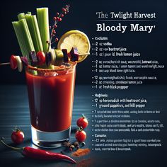 Twilight Harvest Bloody Mary an AI created cocktail. Bold twist on classic Bloody Mary Beer Prints, Tomato Juice, Charcuterie Board, Cherry Tomatoes, Cocktail Recipes, Vodka, Party Ideas, Beer, Created By