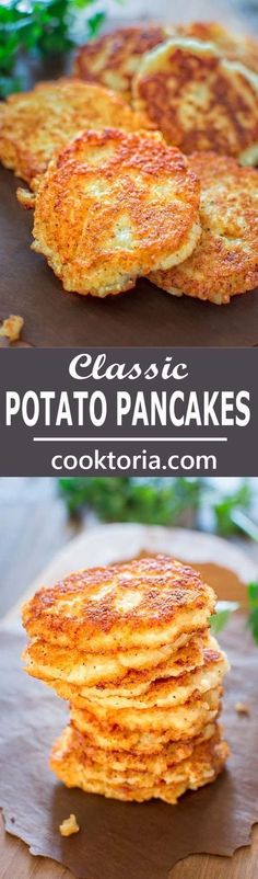 pancakes stacked on top of each other with the words classic potato pancakes in front of them