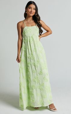 Claya Maxi Dress - Sleeveless Straight Neckline Floral Detail Dress in Lime | Showpo USA Exec Photoshoot, Lime Dress, Basic Black Dress, Neon Outfits, Spring Maxi Dress, Wedding Guest Attire, Cocktail Night, Navy Bridesmaid Dresses, Sorority Girl